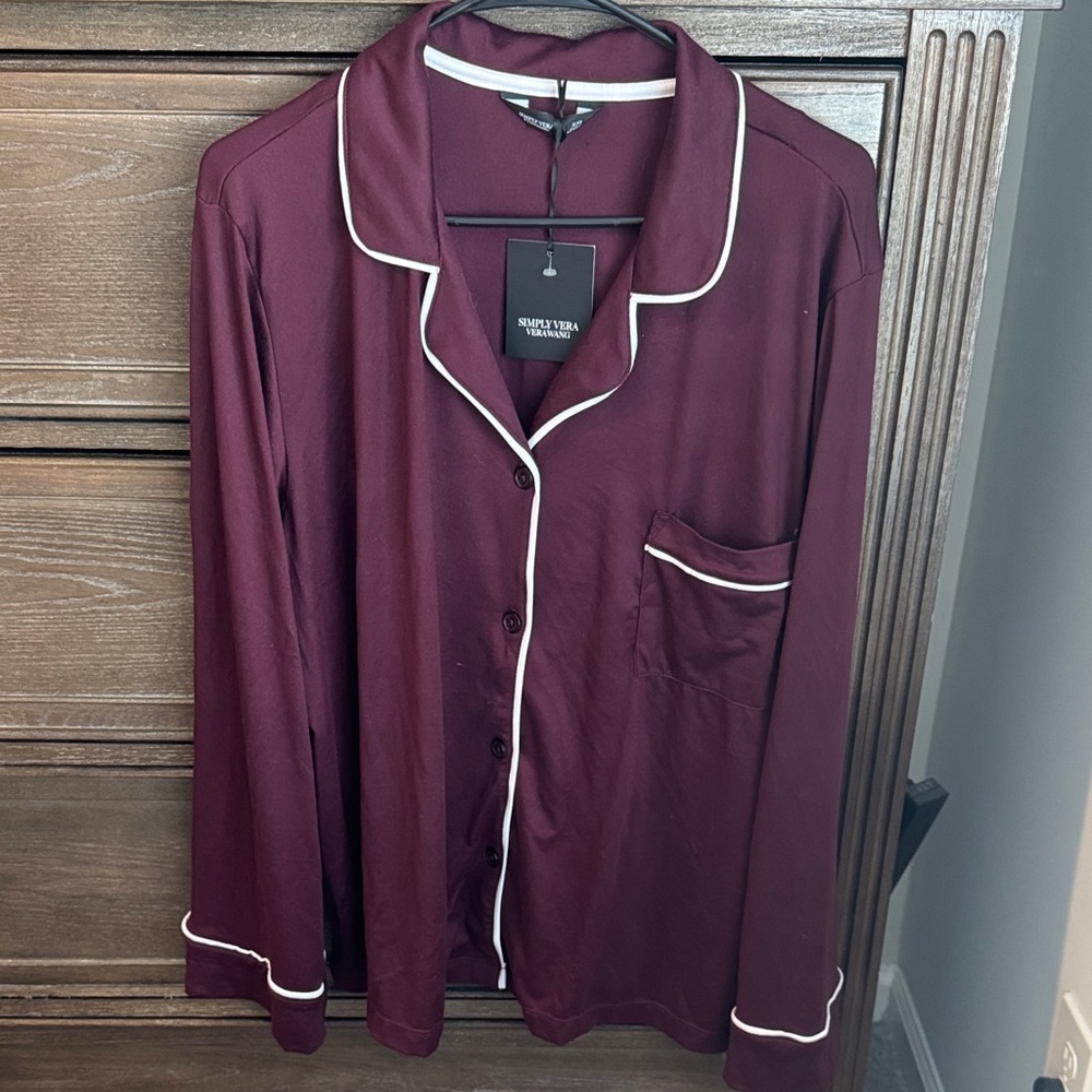 Vera Wang Burgundy Pajamas Top with White Trim